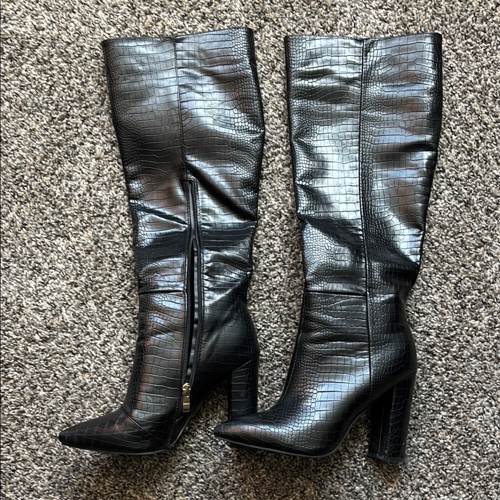 Black Croc-Embossed Knee-High Boots